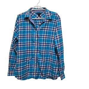 Lands’ End Plaid Flannel Shirt XL Tall 18 Blue Cotton Button Down